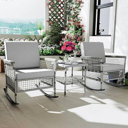 DECMICO 3-Piece Wicker Rocking Chair Set, Patio Bistro Furniture with Cushions & Side Table, Rattan Outdoor Conversation Bistro Set for Outdoor Use, Grey