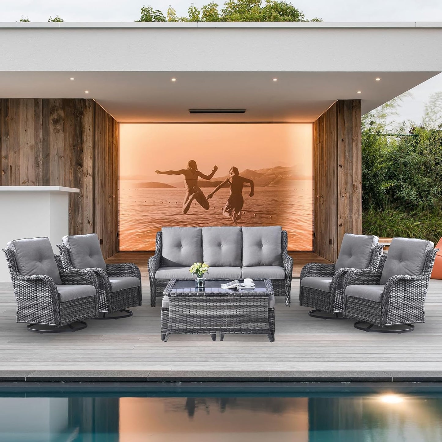 Wicker Patio Furniture Sets - 8 Piece Outdoor Rattan Furniture Conversation Sets with 4 Swivel Rocker Chairs, Rattan Sofa, Wicker Ottomans and Coffee Table, Mixed Grey/Grey