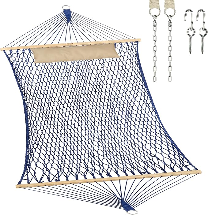 JoyView Traditional Rope Double Hammock - Hand Woven Cotton Hammock with Hardwood Spreader Bar and Pillow 450lb Capacity for Outdoor Indoor Patio Yard - Blue