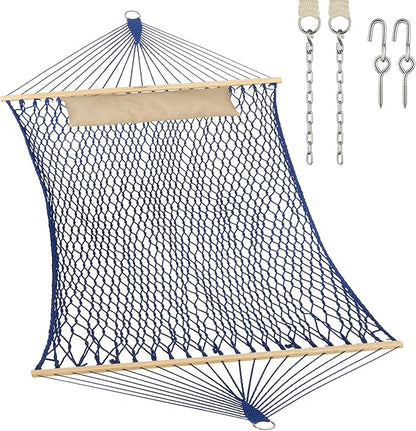 JoyView Traditional Rope Double Hammock - Hand Woven Cotton Hammock with Hardwood Spreader Bar and Pillow 450lb Capacity for Outdoor Indoor Patio Yard - Blue