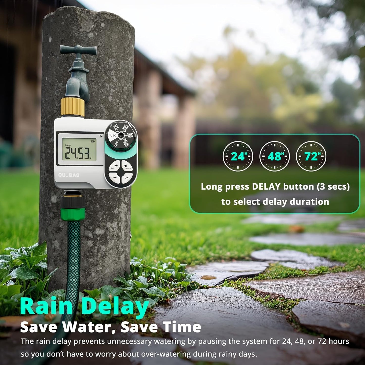 [2 Pack] QUOBAS Digital Water Timer, Programmable Sprinkler Controller, Large LCD Display, Auto/Manual/Delay Modes, for Garden Hose Watering and Drip Irrigation System