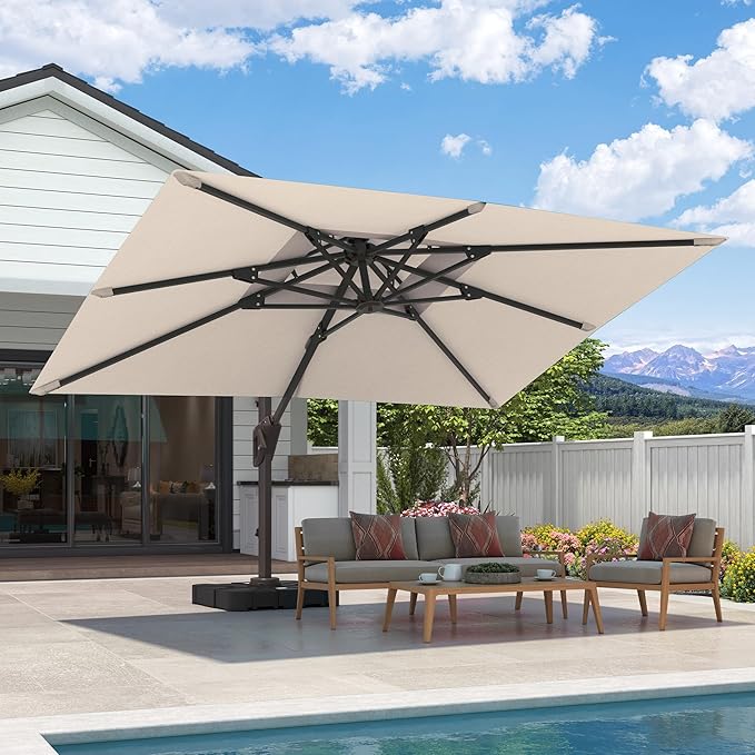9x12 FT Cantilever Patio Umbrella Double Top Outdoor Rectangular Large Heavy Duty Aluminum Offset Umbrellas with 7 Level Tilt 360-degree Rotation for Pool Garden Deck, Beige