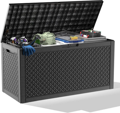 100 Gallon Resin Deck Box, Lockable Outdoor Storage Box for Patio Cushions Storage Furniture,Garden Tools, Pool Supplies, Weatherproof and UV Resistant（Black L）