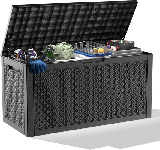 100 Gallon Resin Deck Box, Lockable Outdoor Storage Box for Patio Cushions Storage Furniture,Garden Tools, Pool Supplies, Weatherproof and UV Resistant（Black L）