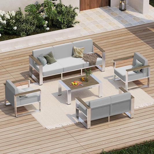 Outdoor Furniture Set, 5 Piece Aluminum Patio Furniture Set with Coffee Table, Wide Seat and Thick Cushions, Outdoor Patio Conversation Sets for Deck, Porch (LightGray)