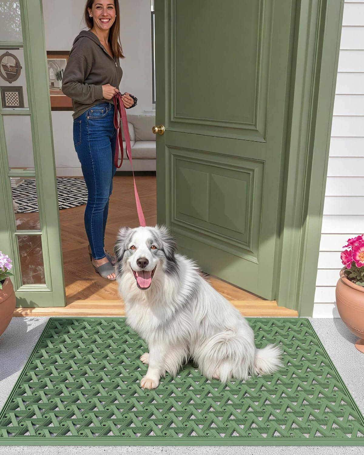Color&Geometry Door Mat Outside Entrance with Drainage, Rubber Heavy Duty Dirt Trapper Waterproof Outdoor Welcome Mat, Outdoor Mats All Weather for Front Back Door Patio Entryway Entry, 24"X36" Green