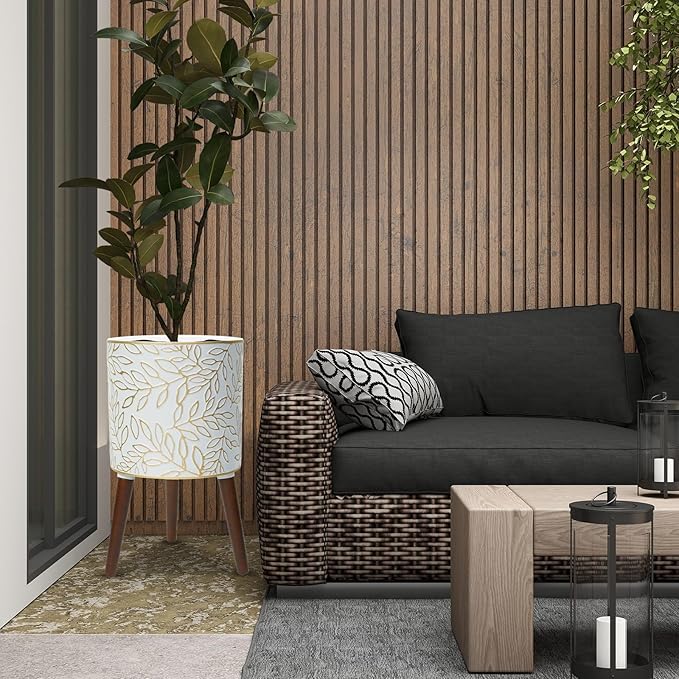 12inch Plant Pots with Wood Planter Holder Indoor Flower Pot with Gold Floral Embossed Modern Planters with Drainage Holes for Living Room, Office, Garden or Balcony