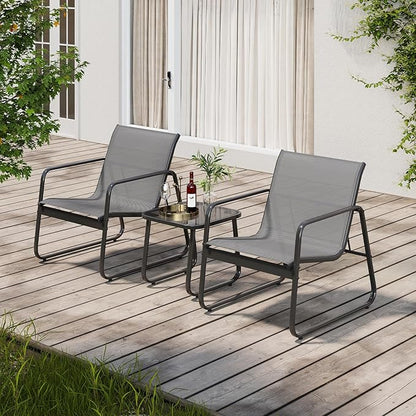 Gizoon Patio Chairs Set of 2, 3 Piece Patio Furniture Set, Bistro Sets,with Textilene Fabric, Metal Frame Coffee Table, Outdoor Chairs Set, for Balcony, Backyard,Lawn, Garden, Poolside, Grey