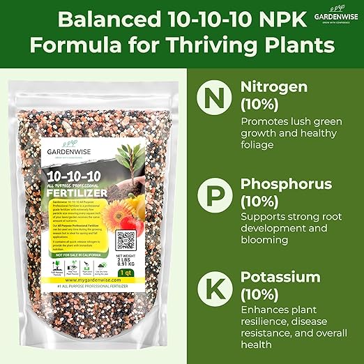 10-10-10 All-Purpose Professional Fertilizer Plant Food for Indoor/Outdoor Gardening; Premium Shrub, Tree, Flower, Vegetable and Lawn Fertilizer; Quick-Release Nitrogen (10 QUARTS)