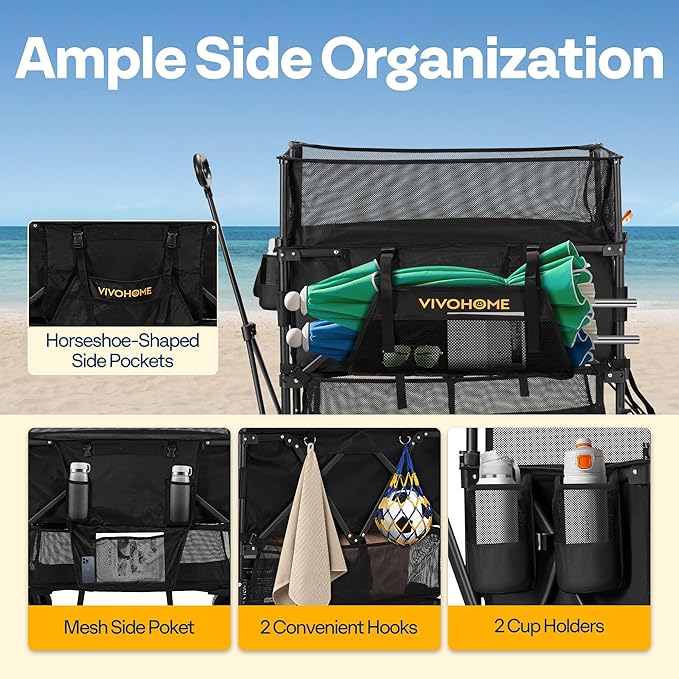 VIVOHOME 500L Large Capacity Double Decker Collapsible Wagon 500lbs Heavy Duty Utility Folding Cart with Big Wheels 53" Extended for Camping, Sports