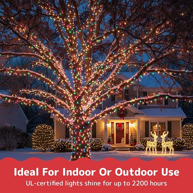 PREXTEX 200 Ct. Multi-Color Christmas Tree Lights with White Wire - 40 Ft Holiday String Lights for Indoor and Outdoor Use - Multicolor Twinkle Christmas Tree Decoration with End-to-End Connectors