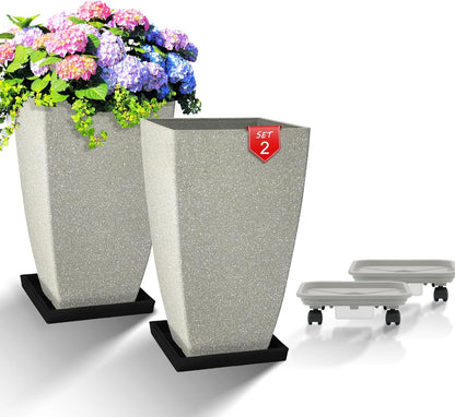 Set of 2 Large Tall 21 Inch Planter Pots Indoor/Outdoor-Matte Grey Square Flower Planters with Tray for Patio, Front Door, Deck | Weather-Resistant & Lightweight Plastic (Grey)