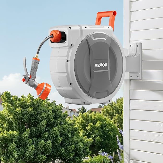 VEVOR Retractable Garden Hose Reel, 1/2 Inch x 65 ft Wall Mounted, Heavy Duty Garden Hose Reel with 9 Patterns Nozzle, Any Length Lock, Upgraded Slow Return System and 180°Swivel Bracket
