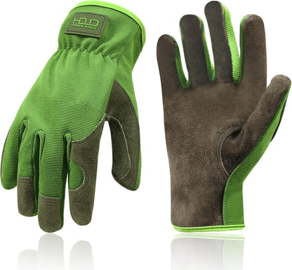 HANDLANDY Leather Work Gloves for Men & Women, Reinforced Durable Garden Gloves, Cowhide Working Glove for Gardening
