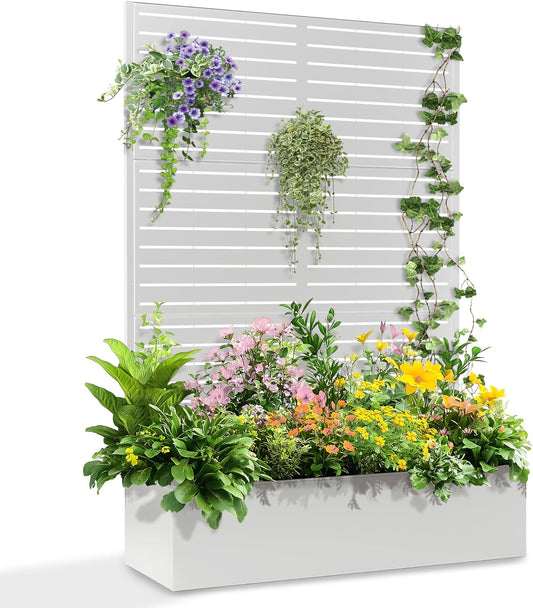 71"x47"x16" Metal Planter Box with Trellis Raised Garden Bed with Trellis, Trellis with Planter Box & Privacy Screen, Metal Planter Box for Climbing Plants, Vegetable, Vines(White, Louvered)