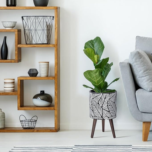 D'vine Dev 10 Inch Planter Pot with Stand, Mid-Century Tall Plant Pot with Legs for Indoor Plants, Medium, White/Grey, 88-L-B-7