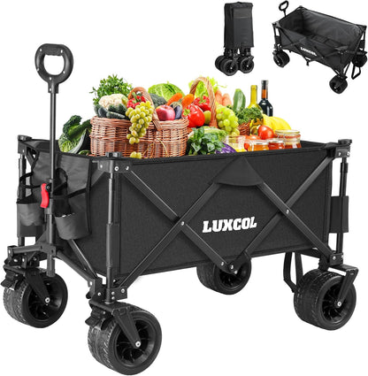 LUXCOL Collapsible Folding Wagon, Heavy Duty Utility Beach Wagon Cart for Sand with Big Wheels, Adjustable Handle&Drink Holders for Shopping, Camping,Garden and Outdoor
