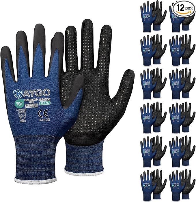KAYGO MicroFoam Nitrile Coated Work Gloves, 12 Pairs KG19N Seamless Knit Nylon, Micro Dots for Enhanced Grip, Breathable and Durable, Ideal for Automotive, General Assembly, Painting, Blue, XL