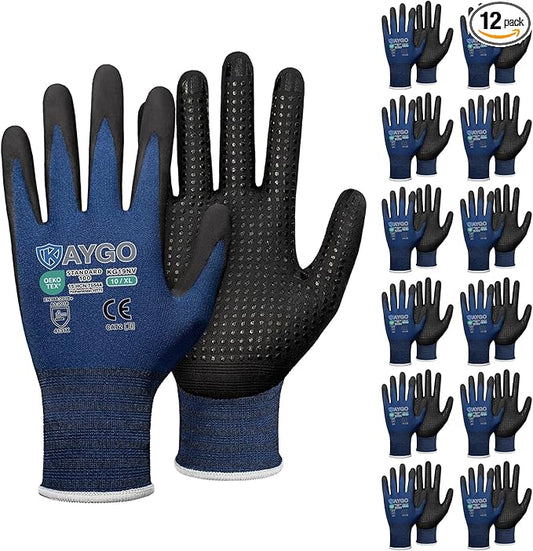 KAYGO MicroFoam Nitrile Coated Work Gloves, 12 Pairs KG19N Seamless Knit Nylon, Micro Dots for Enhanced Grip, Breathable and Durable, Ideal for Automotive, General Assembly, Painting, Blue, XL