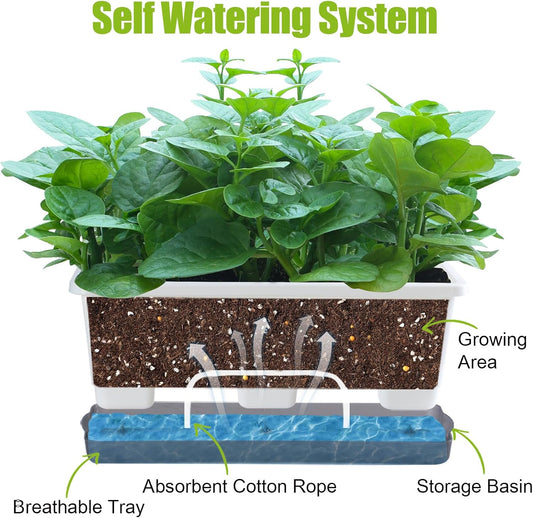 Window Box Planter 8 Pcs, 17 Inches Rectangle Flower Pots with Drainage Holes and Trays, Vegetable Planters for Windowsill Patio Garden Balcony Home Porch Yard Indoor Outdoor (White)