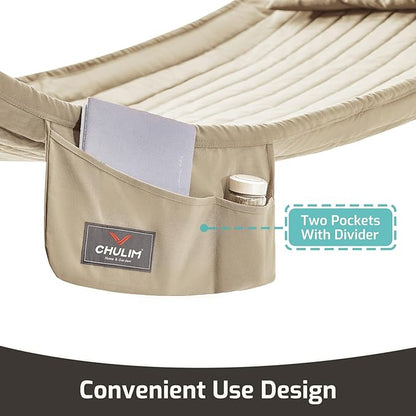 Double Quilted Fabric Hammock with Hardwood Spreader Bars and Pillow 450 LBS Capacity 2 Person Large Hammock for Outdoor Patio Backyard Poolside - Tan