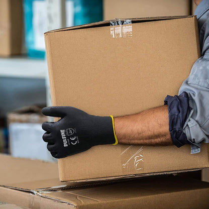 DULFINE Ultra-Thin PU Coated Work Gloves-12 Pairs,Excellent Grip,Nylon Shell Black Polyurethane Coated Safety Work Gloves, Knit Wrist Cuff,Ideal for Light Duty Work. (Small)