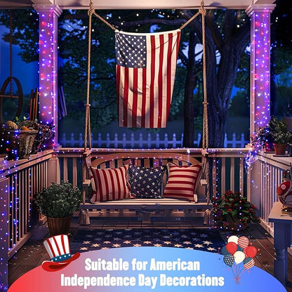 JMEXSUSS 2 Pack Red White and Blue Solar Lights, Each 100 LED 33FT Solar Fairy Lights Outdoor Waterproof, 4th of July Solar String Lights for Independence Day Outside Decorations