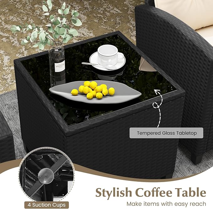 RELAX4LIFE 3-Piece Patio Furniture - Wicker Rattan Bistro Sofa Set w/Glass Top Coffee Table, Washable Cushions for Porch Balcony Backyard Poolside, Outdoor Conversation Set (Beige)