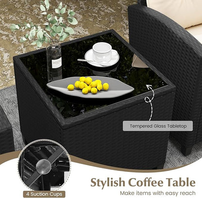 RELAX4LIFE 3-Piece Patio Furniture - Wicker Rattan Bistro Sofa Set w/Glass Top Coffee Table, Washable Cushions for Porch Balcony Backyard Poolside, Outdoor Conversation Set (Beige)