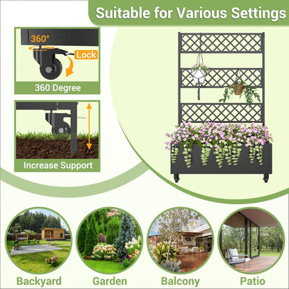 Metal Planter Box with Trellis Privacy Screen, 67"x35"x16" Raised Garden Bed with Trellis, Privacy Planter Boxes, with Planting Bag & Lockable Casters for Climbing Plants,Vegetables,and Vines