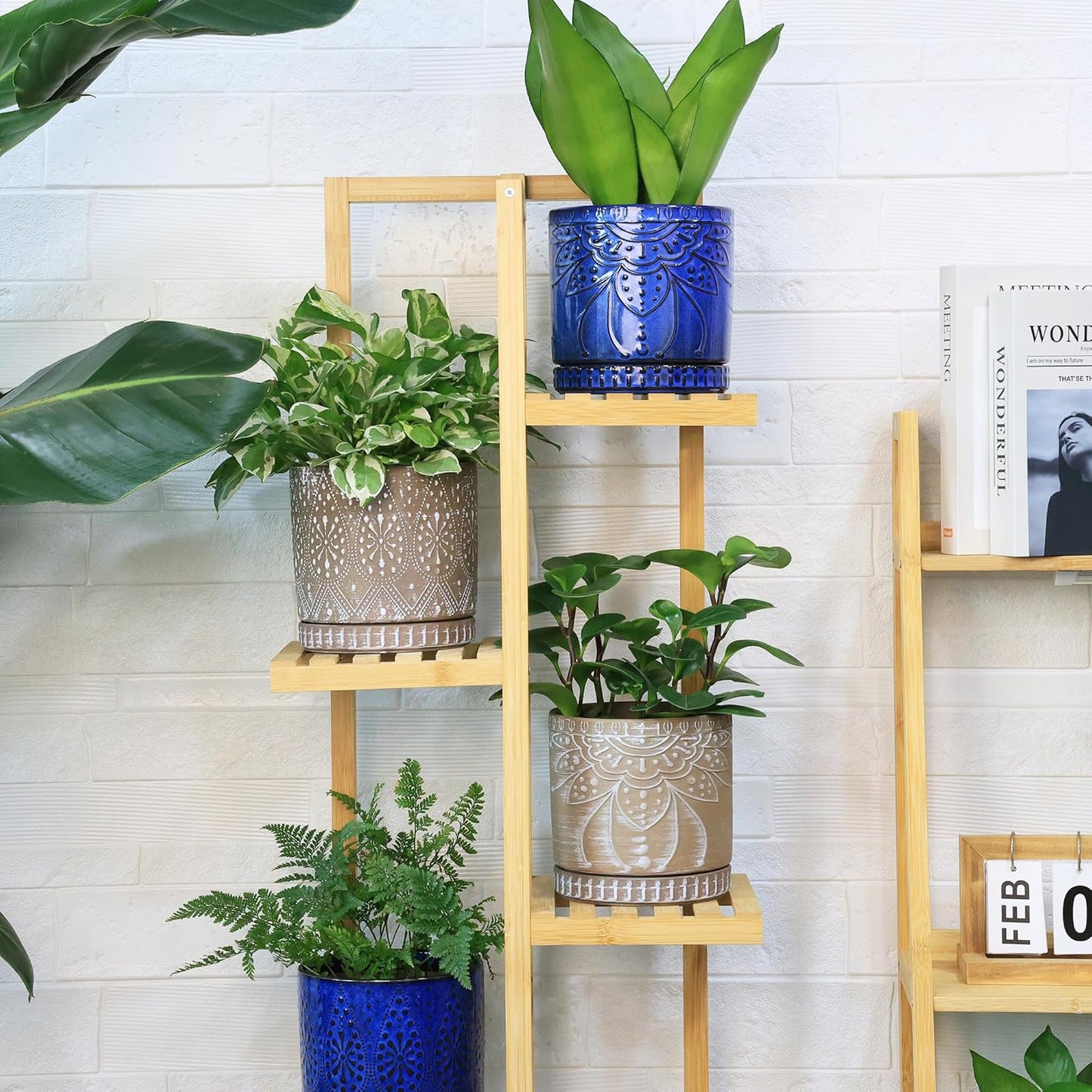 6 Inch Indoor Plant Pots with Drainage Holes and Saucers, Ceramic Planter for Plants, Flower Pot - Set of 2