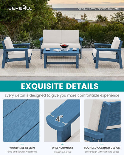 SERWALL HDPE Patio Furniture Set with 15FT Double Side Patio Umbrella, All Weather Wood-Like Outdoor Sofa Sectional Couch, Blue Patio Furniture with Khaki Cushions
