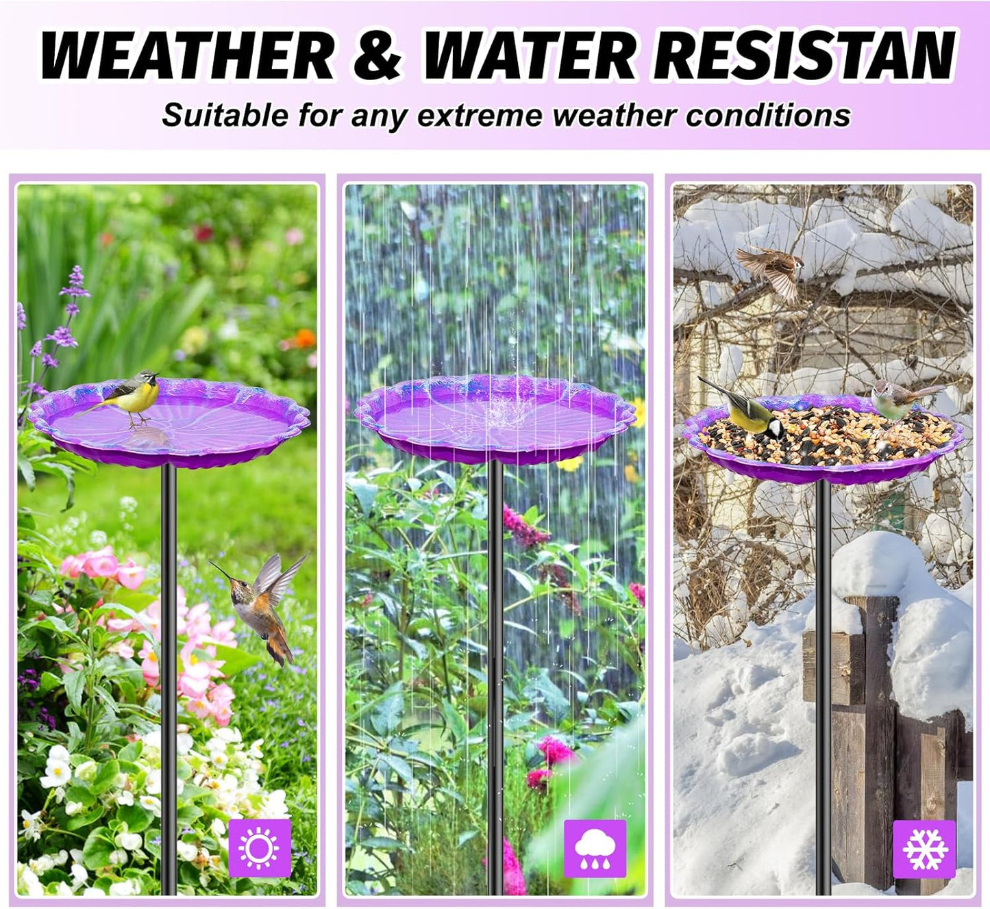 2PCS Hummingbird Bird Bath for Outside, Freestanding Metal Flower BirdBaths Bowl with Stake, Detachable Birdfeeder for Outdoor Yard Lawn Garden Decor (2PCS-Purple-Orange)