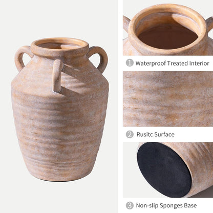 Vintage Terracotta Ceramic Vase with Handles, Rustic Beige Pottery Tulip Vase for Cottage Core Home Mantle Decor, Farmhouse Table Centerpieces, Large Bulk Flower Vases Jarrones Decorativos para Sala