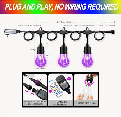 Auroraworld Outdoor Patio Lights Color Changing, 35FT RGB LED String Lights with E26 Shatterproof Edison Bulbs, Dimmable Patio String Lights for Bistro Backyard Garden, 1 Remote Controllers