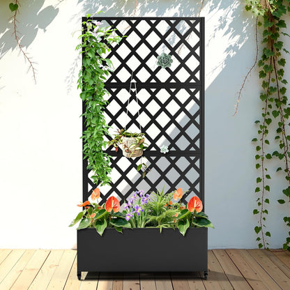 FENCY Metal Planter Box with Diamond Lattice Trellis Planter Box for Climbing Plants/Vines, Galvanized Raised Garden Bed On Wheels, Garden Bed with Trellis(73"x35" Black)