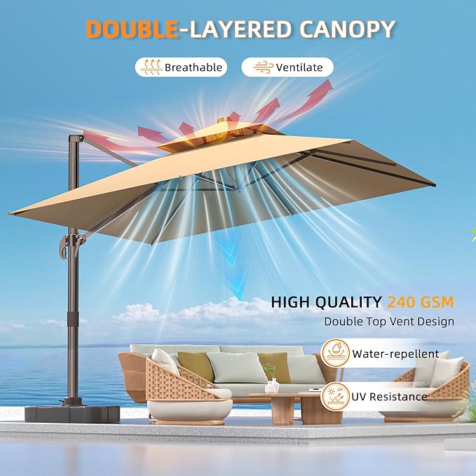 10' X 13' Outdoor Patio Umbrella Large Rectangle Cantilever Umbrella Heavy Duty 360°Rotation Offset Umbrella for Garden Deck Pool Patio,Brown