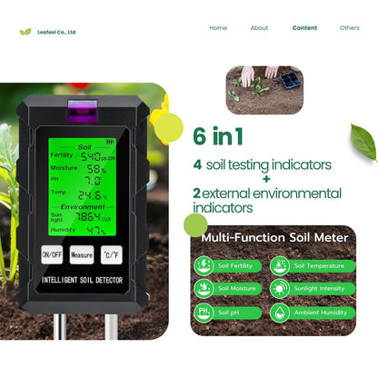 6-in-1 Soil Moisture Meter/Soil PH Tester with LCD Display: pH, Plant Temperature, Moisture, Sunlight, Air Humidity & Soil Fertility Meter for Gardening, Farming, Lawn & Indoor/Outdoor Plants