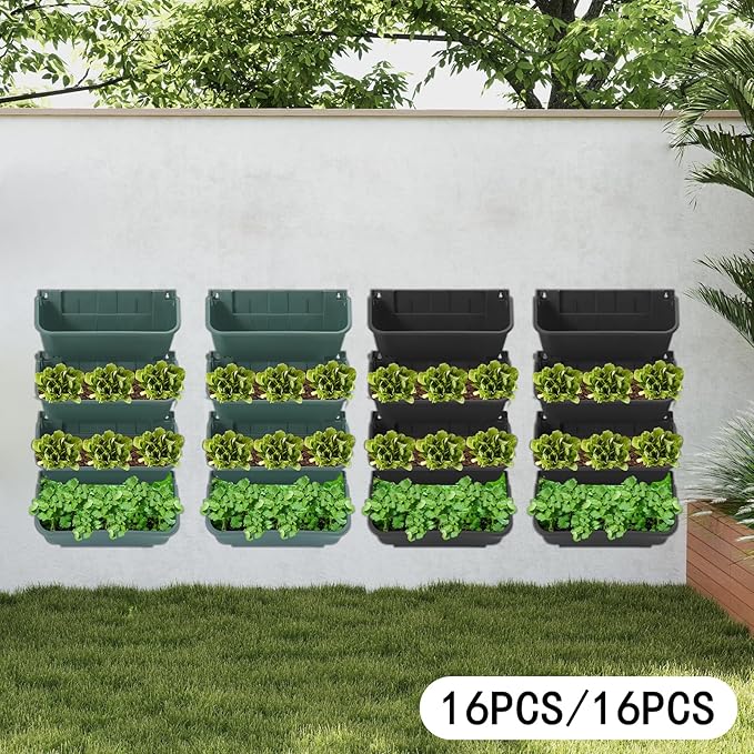 Wall-Mounted Vertical Wall Planter 16 Pack Stackable Wall Planter Indoor Outdoor, Garden Self Watering Wall-Mounted Plastic Planter Plant Flower Pot Holder for Vegetable Fruit Herb