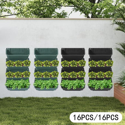 Wall-Mounted Vertical Wall Planter 16 Pack Stackable Wall Planter Indoor Outdoor, Garden Self Watering Wall-Mounted Plastic Planter Plant Flower Pot Holder for Vegetable Fruit Herb