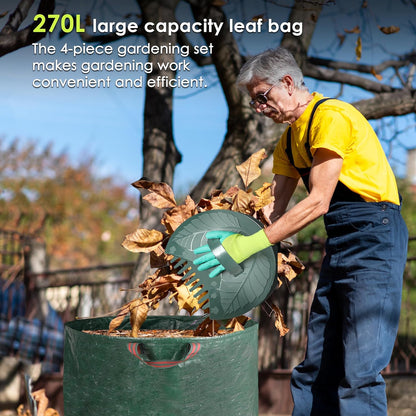 ORIENTOOLS 17Tines Double Row Garden Rake Set with 9Tines Leaf Hand Rakes, 272L Leaves Bin and Gardening Gloves for Scooping and Picking up Leaves, Clear and Collect Garden Rake Kit