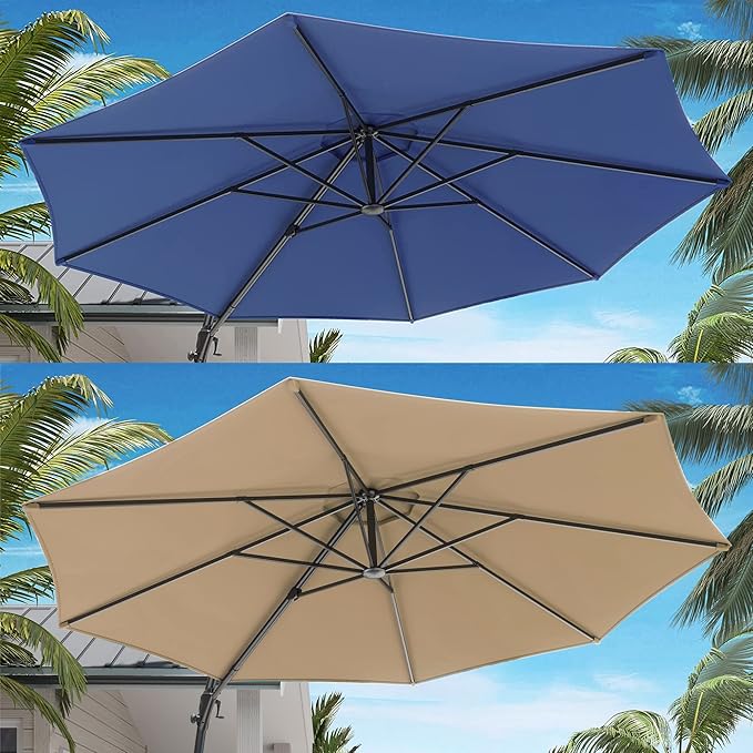 LAUSAINT HOME Beige Patio Umbrella with an Additional Navy Blue Replacement Canopy, 12 FT Deluxe Curvy Cantilever Umbrella Heavy Duty Offset Hanging Outdoor Umbrella with Base,