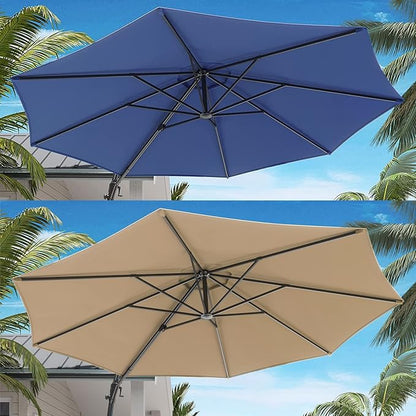 LAUSAINT HOME Beige Patio Umbrella with an Additional Navy Blue Replacement Canopy, 12 FT Deluxe Curvy Cantilever Umbrella Heavy Duty Offset Hanging Outdoor Umbrella with Base,