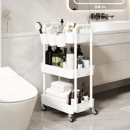 UDEAR 3-Tier Rolling Utility Cart,Multifunctional Storage Shelves with Handle and Lockable Wheels for Room,Office,Kitchen,Bathroom,with 3 Hanging Cups,White