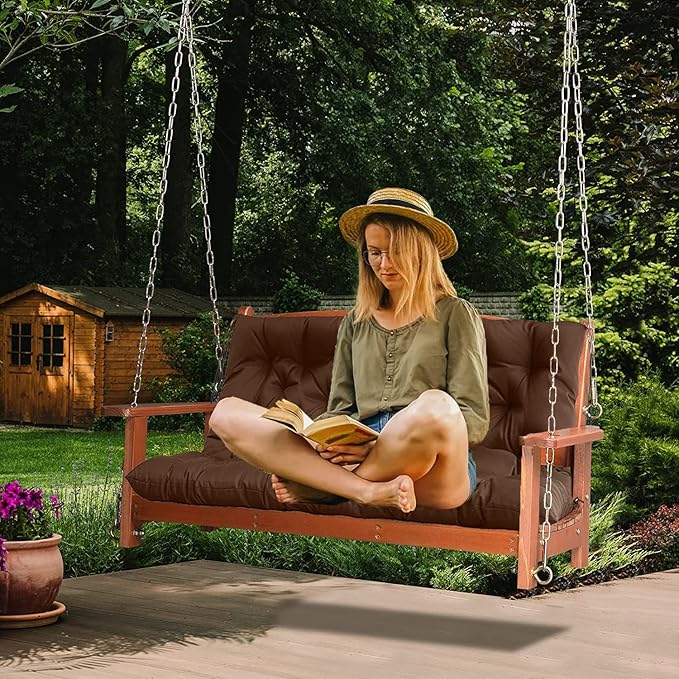 Swing Replacement Cushions with Backrest, 2 or 3 Seater Waterproof Non-Slip Overstuffed Swing Pad, Indoor/Outdoor Bench Cushion for Porch Chair Swings Garden Furniture(Brown 40 * 40 in)