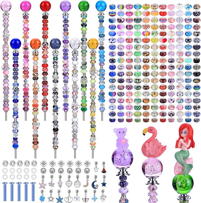 AIPRIDY 238 Pcs DIY Fairy Wand Garden Stakes Kit,Multiple Color Scheme European Beads Crystal Diamond Tops and 12 or 10 Inch Threaded Rods,Stainless Steel Stakes with Diamond Toppe(Inner Bubble)