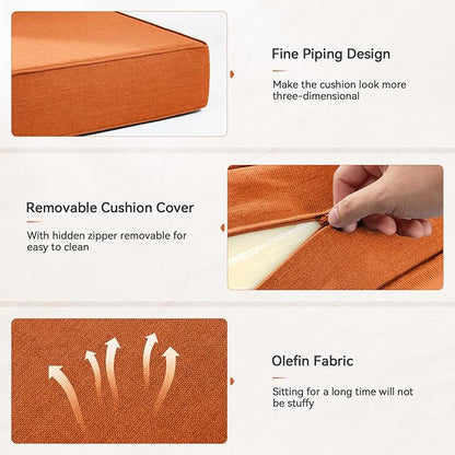Luxury 6" Outdoor Cushions for Patio Furniture, 24x24x6" Thick Seat Cushion Set of 7, Fade Resistant Couch Chair Replacement Cushions High Density Deep Wicker Chair Cushion w/ Removable Cover, Orange