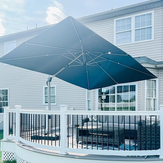 PURPLE LEAF 9' X 11.5' Patio Umbrella, Rectangle Outdoor Cantilever Umbrella, Aluminum Offset Umbrella with Champagne Frame and 360° Rotation for Pool Deck Garden, Grey