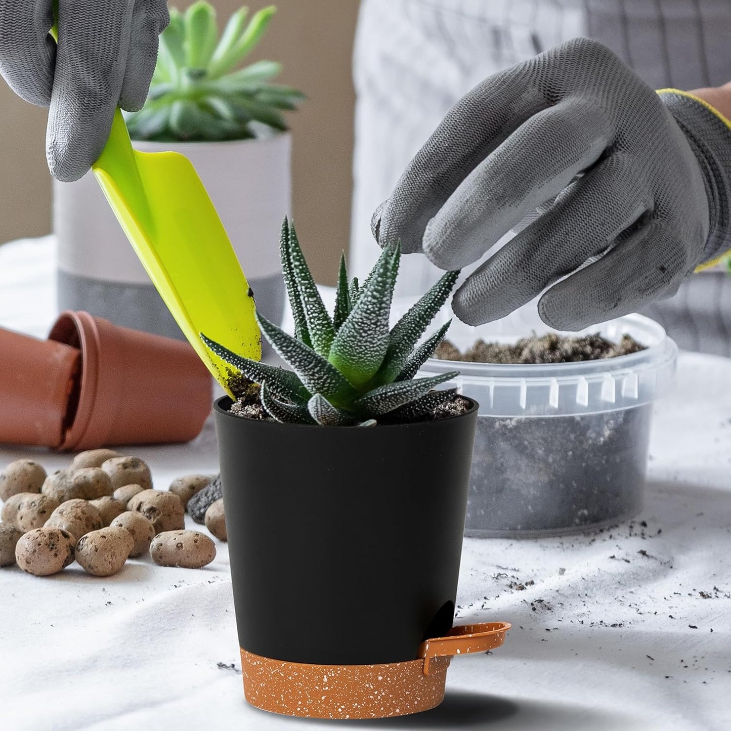 4 inch Small Plant Pots for Outdoor Indoor Plants, 5 Pack Planters with Drainage Holes and Tray, Small Self Watering Pots for Succulent,Cactus, Aloe and Other Plants (Black)