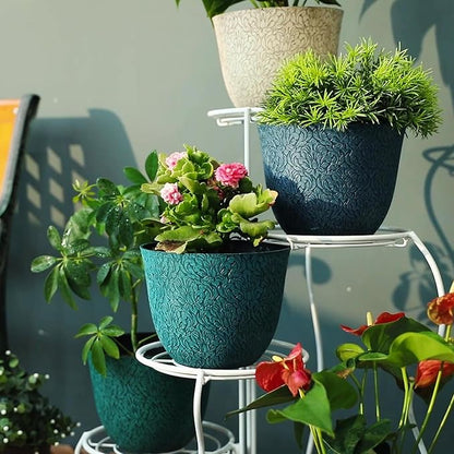 Worth Garden Plastic Round 8" Plant Pots for Indoor Plants - Set of 6 Multicolor Small Flower Pots W/Drainage Hole and Rubber Plug - Home Christmas Decorative planters Retro Floral Pattern